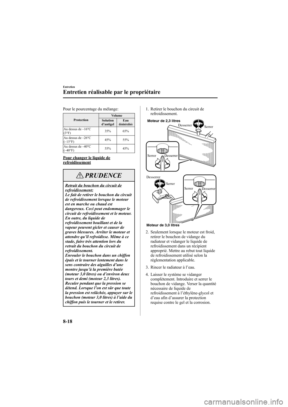 MAZDA MODEL 6 2005  Manuel du propriétaire (in French) Black plate (298,1)
Pour le pourcentage du mélange:
ProtectionVolume
Solution
d ’antigel Eaudéminéralisée
Au dessus de
_
16°C
(3°F) 35% 65%
Au dessus de _
26°C
( _
15°F) 45% 55%
Au dessus de
