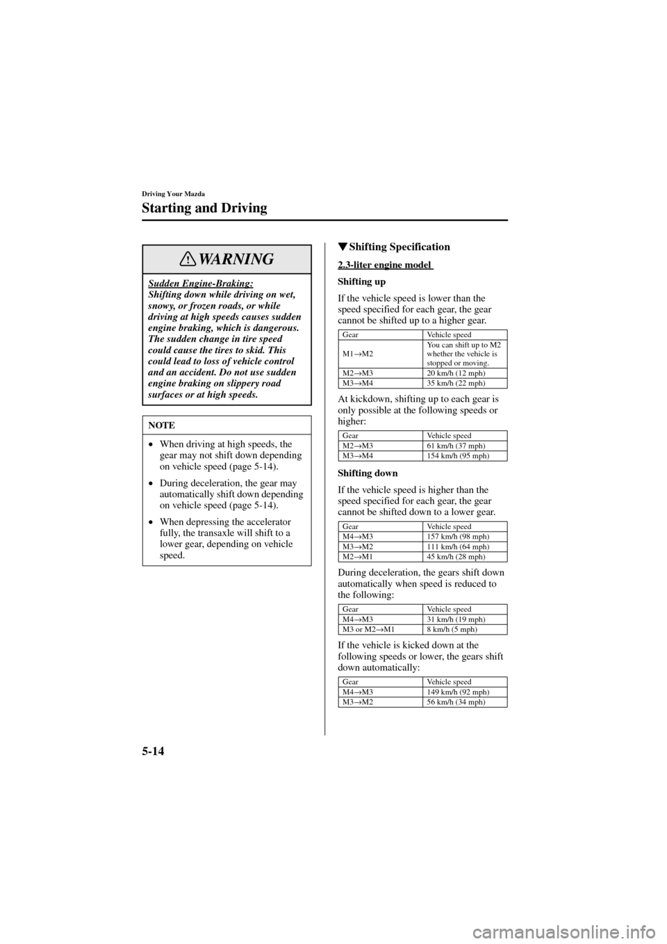 MAZDA MODEL 6 2004  Owners Manual (in English) 5-14
Driving Your Mazda
Starting and Driving
Form No. 8R29-EA-02I
Shifting Specification
2.3-liter engine model 
Shifting up
If the vehicle speed is lower than the 
speed specified for each gear, the