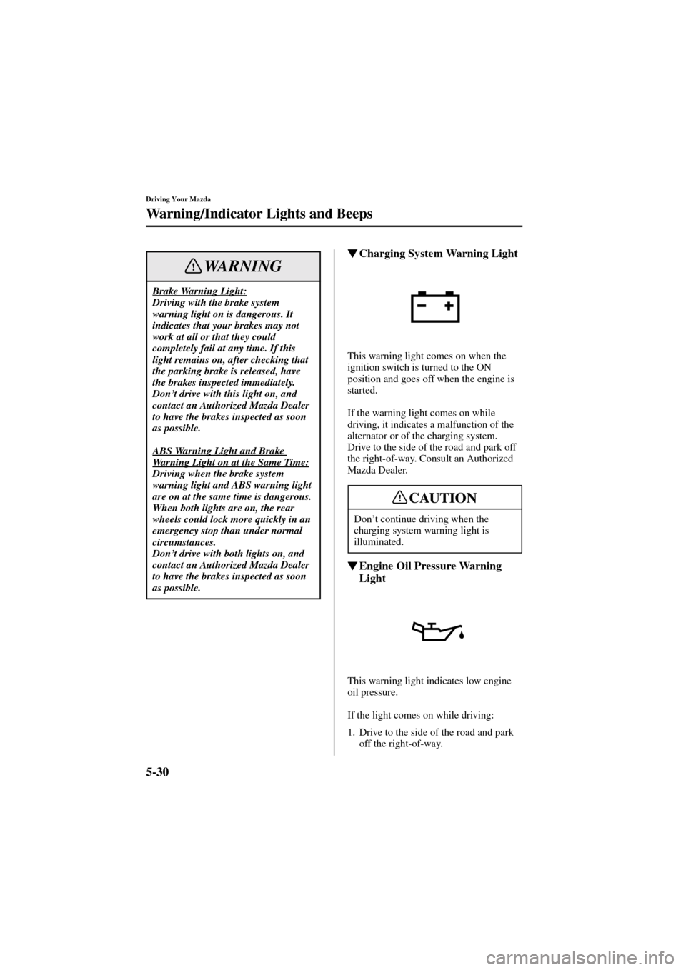 MAZDA MODEL 6 2004  Owners Manual (in English) 5-30
Driving Your Mazda
Warning/Indicator Lights and Beeps
Form No. 8R29-EA-02I
Charging System Warning Light
This warning light comes on when the 
ignition switch is turned to the ON 
position and g