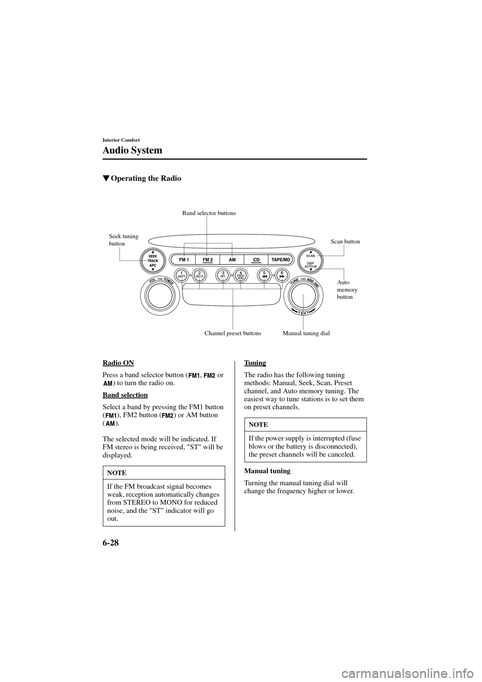 MAZDA MODEL 6 2004  Owners Manual (in English) 6-28
Interior Comfort
Audio System
Form No. 8R29-EA-02I
Operating the Radio
Radio ON
Press a band selector button ( ,   or 
) to turn the radio on.
Band selection
Select a band by pressing the FM1 bu