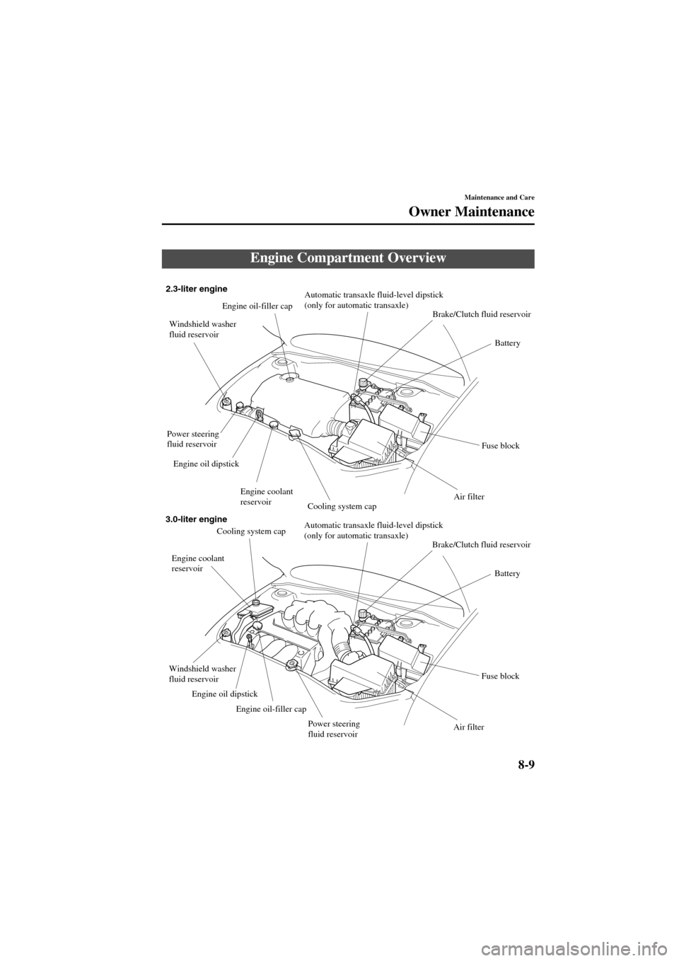 MAZDA MODEL 6 2004   (in English) User Guide 8-9
Maintenance and Care
Owner Maintenance
Form No. 8R29-EA-02I
Engine Compartment Overview
Automatic transaxle fluid-level dipstick
(only for automatic transaxle) 
Cooling system cap Power steering 
