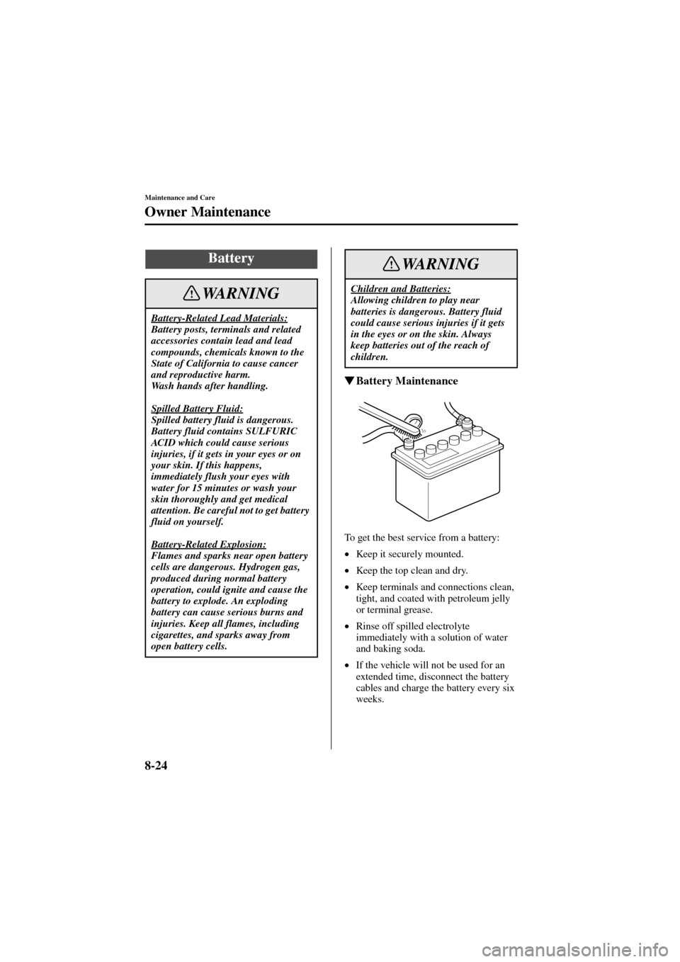 MAZDA MODEL 6 2004  Owners Manual (in English) 8-24
Maintenance and Care
Owner Maintenance
Form No. 8R29-EA-02I
Battery Maintenance
To get the best service from a battery:
•
Keep it securely mounted.
•
Keep the top clean and dry.
•
Keep ter