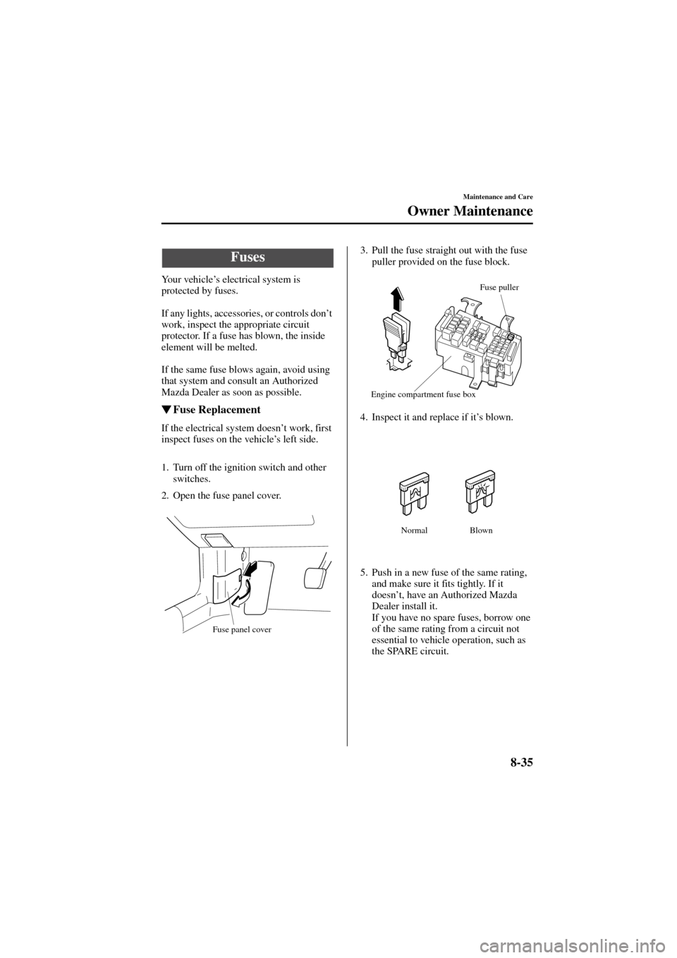 MAZDA MODEL 6 2004  Owners Manual (in English) 8-35
Maintenance and Care
Owner Maintenance
Form No. 8R29-EA-02I
Your vehicle’s electrical system is 
protected by fuses.
If any lights, accessories, or controls don’t 
work, inspect the appropria