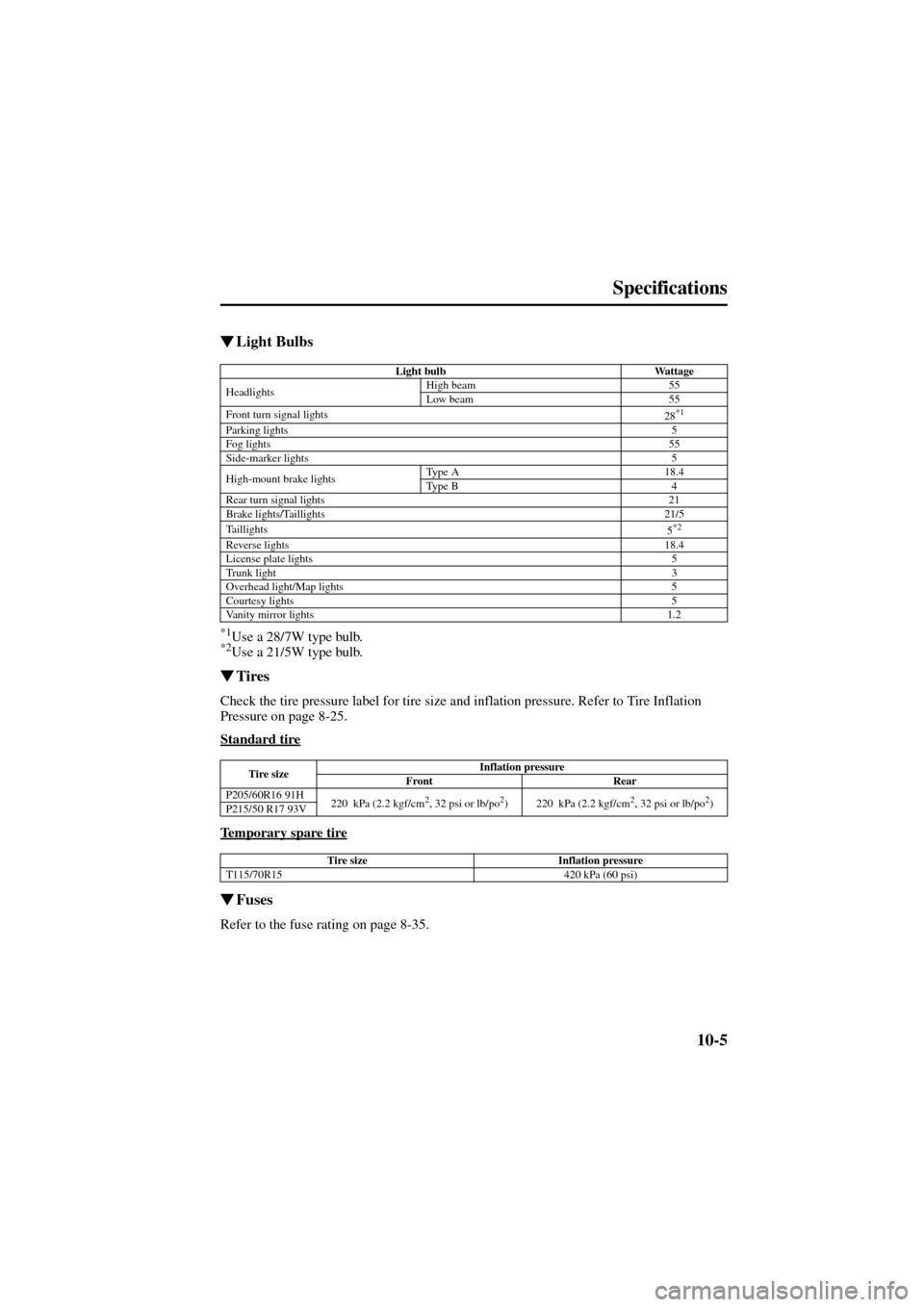 MAZDA MODEL 6 2004  Owners Manual (in English) 10-5
Specifications
Form No. 8R29-EA-02I
Light Bulbs
*1Use a 28/7W type bulb.*2Use a 21/5W type bulb.
Tires
Check the tire pressure label for tire size and inflation pressure. Refer to Tire Inflatio