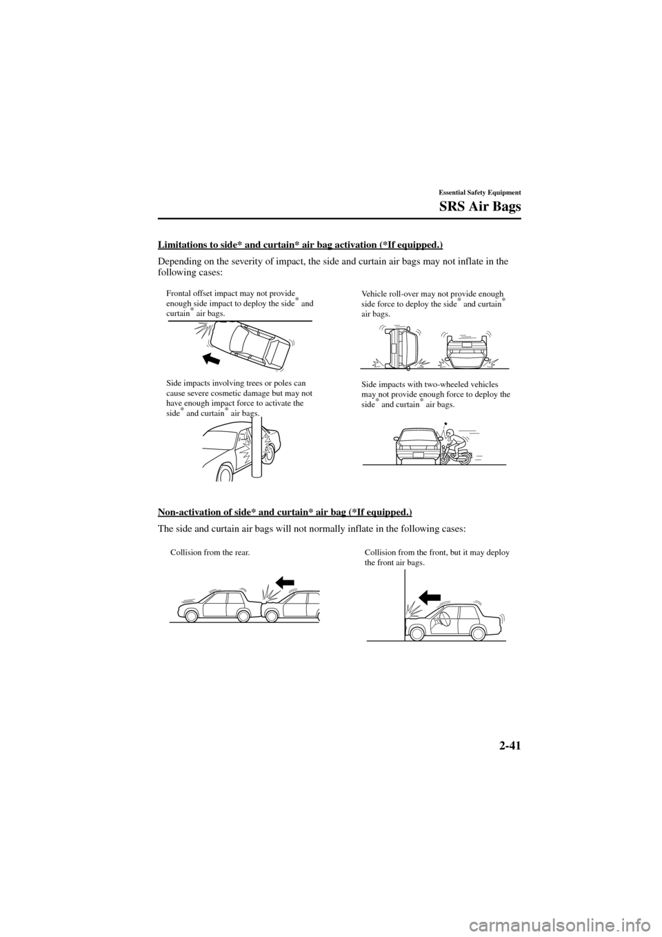 MAZDA MODEL 6 2004   (in English) Workshop Manual 2-41
Essential Safety Equipment
SRS Air Bags
Form No. 8R29-EA-02I
Limitations to side* and curtain* air bag activation (*If equipped.)
Depending on the severity of impact, the side and curtain air bag