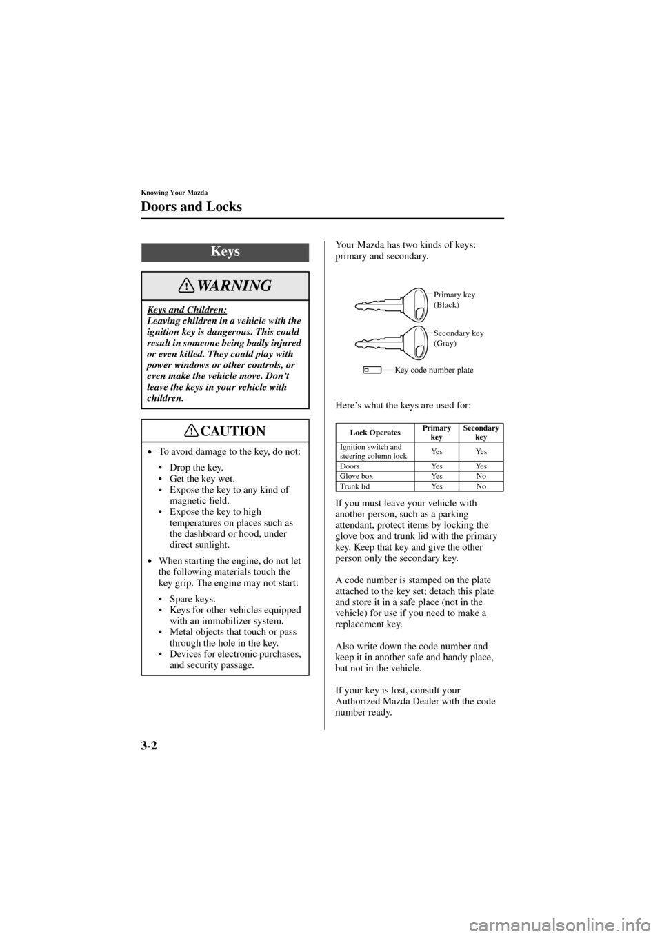 MAZDA MODEL 6 2004  Owners Manual (in English) 3-2
Knowing Your Mazda
Form No. 8R29-EA-02I
Doors and Locks
Your Mazda has two kinds of keys: 
primary and secondary.
Here’s what the keys are used for:
If you must leave your vehicle with 
another 