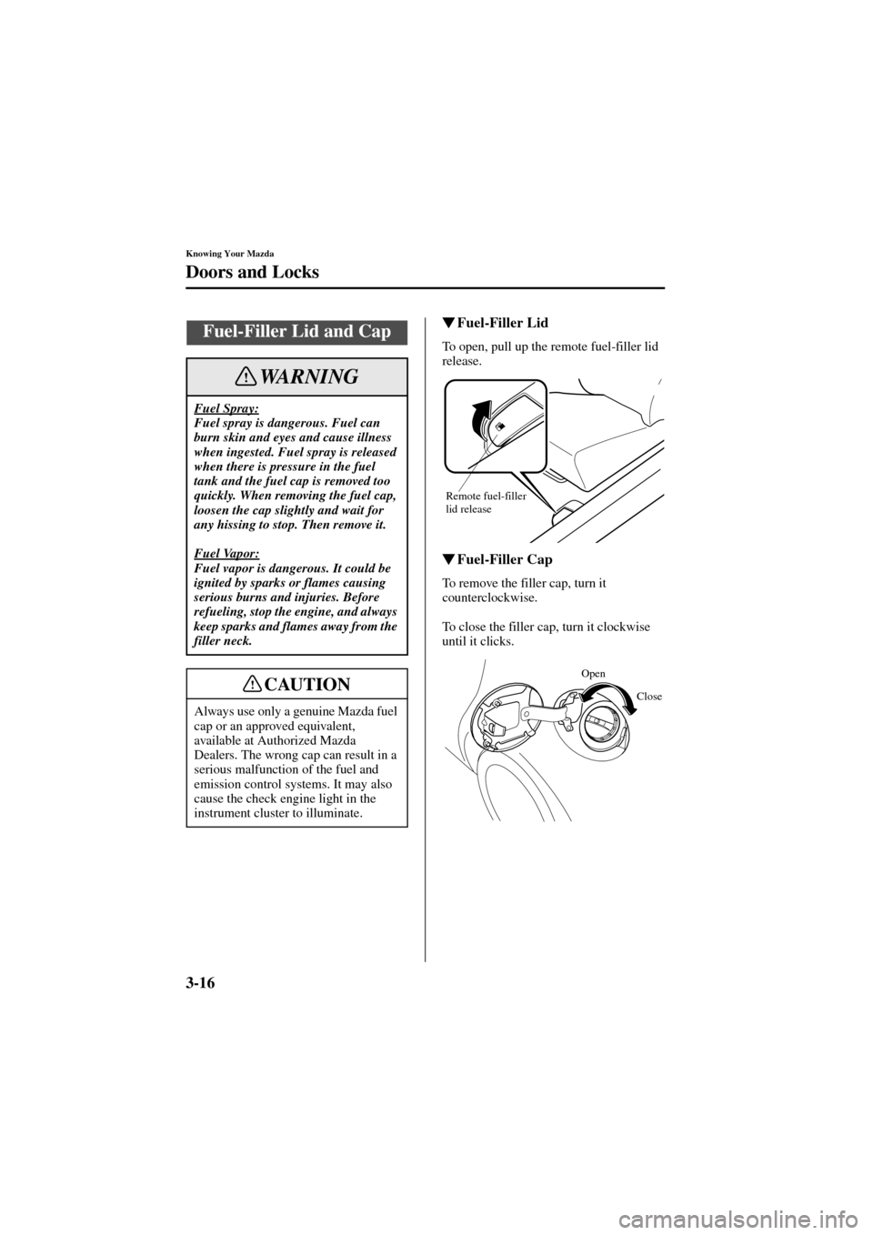 MAZDA MODEL 6 2004   (in English) User Guide 3-16
Knowing Your Mazda
Doors and Locks
Form No. 8R29-EA-02I
Fuel-Filler Lid
To open, pull up the remote fuel-filler lid 
release.
Fuel-Filler Cap
To remove the filler cap, turn it 
counterclockwise