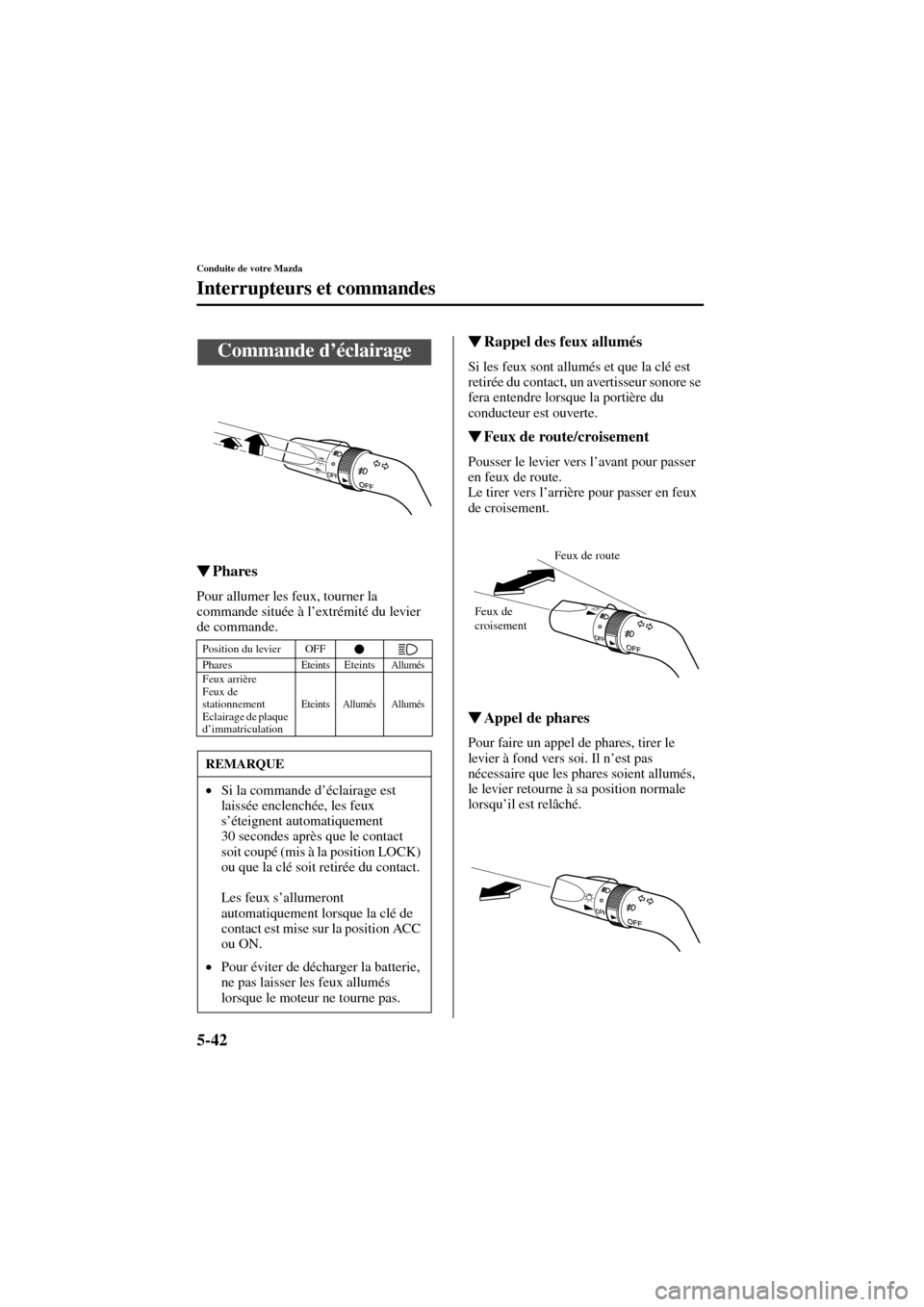MAZDA MODEL 6 2004  Manuel du propriétaire (in French) 5-42
Conduite de votre Mazda
Form No. 8R31_EC_02I_F
Interrupteurs et commandes
Phares
Pour allumer les feux, tourner la 
commande située à l’extrémité du levier 
de commande.
Rappel des feux a