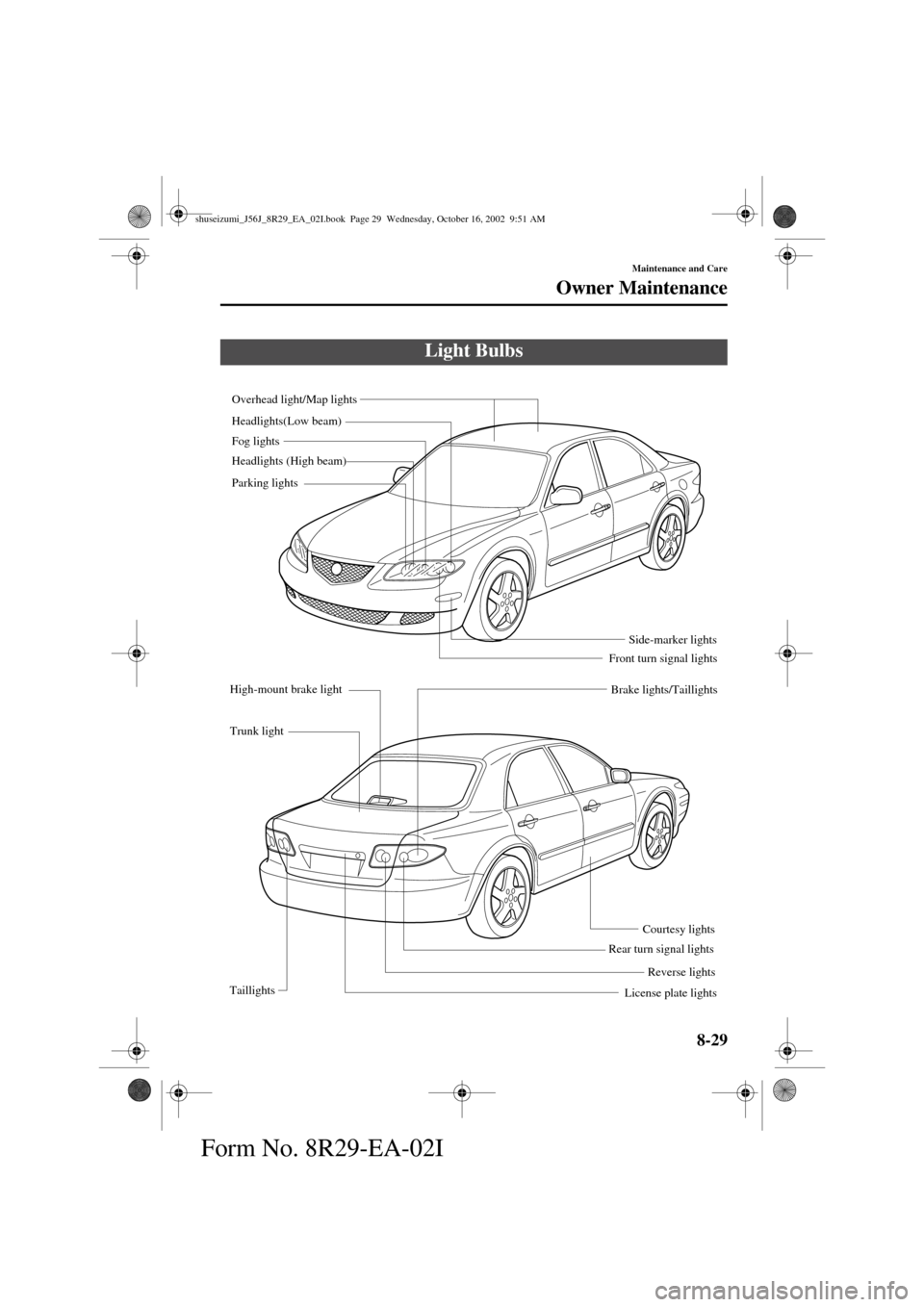 MAZDA MODEL 6 2003  Owners Manual (in English) 8-29
Maintenance and Care
Owner Maintenance
Form No. 8R29-EA-02I
Light Bulbs
Overhead light/Map lights
Fog lights
High-mount brake light
Trunk lightBrake lights/Taillights
Rear turn signal lights
Reve