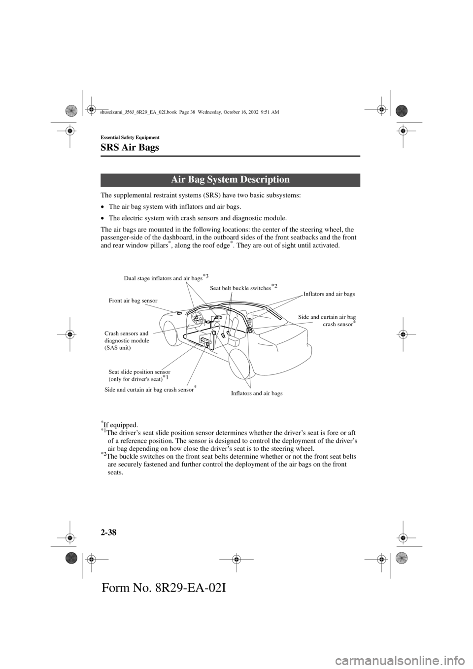 MAZDA MODEL 6 2003   (in English) Service Manual 2-38
Essential Safety Equipment
SRS Air Bags
Form No. 8R29-EA-02I
The supplemental restraint systems (SRS) have two basic subsystems:
•
The air bag system with inflators and air bags.
•
The electr