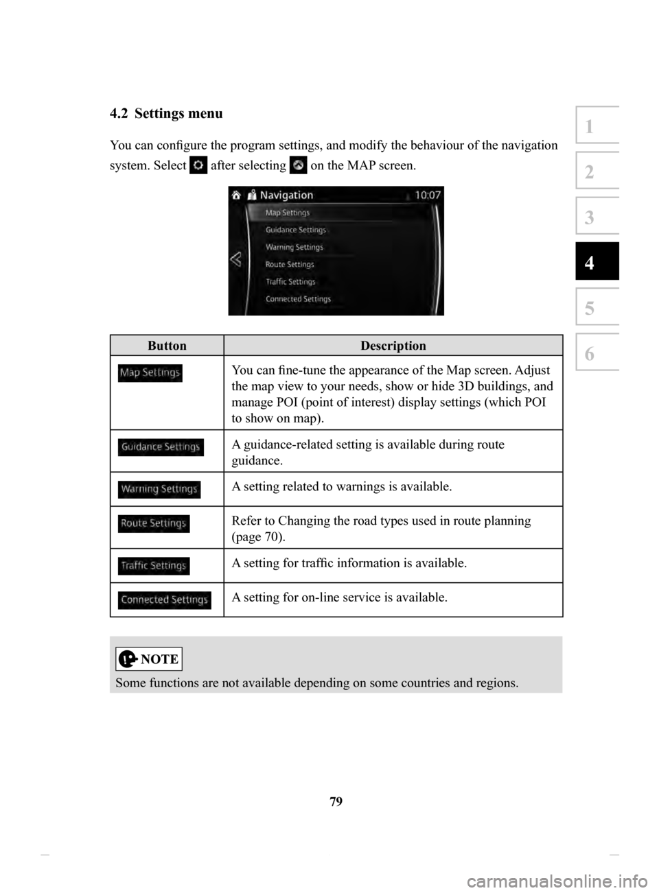 MAZDA MODEL CX-3 2020 Navigation Manual (in English) 79
1
2
3
4
5
6
4.2 Settings menu
You can configure the program settings, and modify the behaviour of the navigation
system. Select
after selecting on the MAP screen.
ButtonDescription
You can fi MAZDA MODEL CX-3 2020 Navigation Manual (in English) 79
1
2
3
4
5
6
4.2 Settings menu
You can configure the program settings, and modify the behaviour of the navigation
system. Select
after selecting on the MAP screen.
ButtonDescription
You can fi