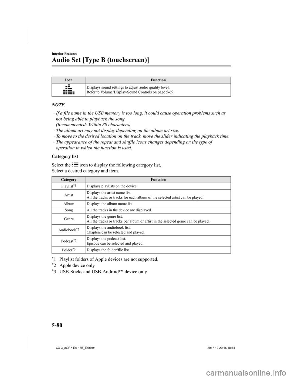 MAZDA MODEL CX-3 2019 Owners Manual (in English) IconFunction
Displays sound settings to adjust audio quality level.
Refer to Volume/Display/Sound Controls on page 5-69.
NOTE
•If a file name in the USB memory is too long, it could cause operation MAZDA MODEL CX-3 2019 Owners Manual (in English) IconFunction
Displays sound settings to adjust audio quality level.
Refer to Volume/Display/Sound Controls on page 5-69.
NOTE
•If a file name in the USB memory is too long, it could cause operation