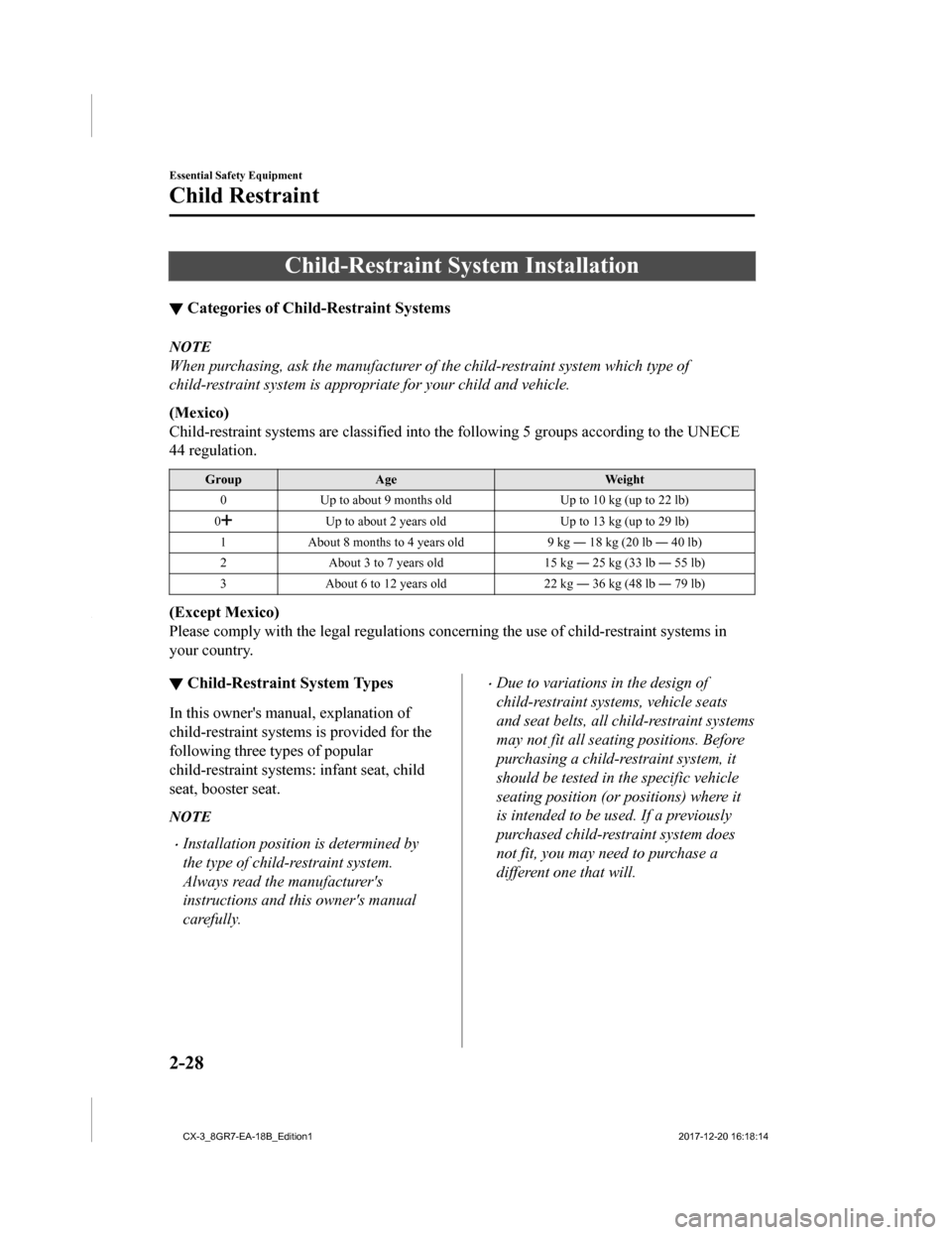 MAZDA MODEL CX-3 2019 (in English) Owners Guide Child-Restraint System Installation
▼Categories of Child-Restraint Systems
NOTE
When purchasing, ask the manufacturer of the child-restraint system which type of
child-restraint system is appropriat MAZDA MODEL CX-3 2019 (in English) Owners Guide Child-Restraint System Installation
▼Categories of Child-Restraint Systems
NOTE
When purchasing, ask the manufacturer of the child-restraint system which type of
child-restraint system is appropriat