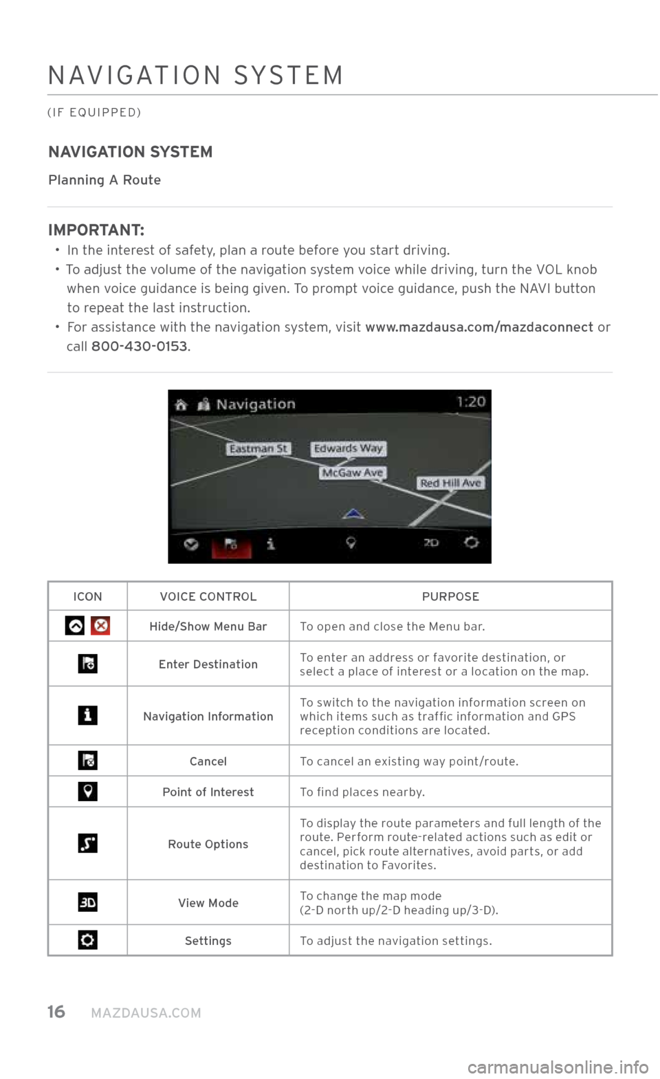 MAZDA MODEL CX-3 2018 Smart Start Guide (in English) 16 MAZDAUSA.COM
NAVIGATION \fY\fTEM
(IF EQUIPPED)
NAVIGATION SYSTEM
Planning A Route
IMPORTANT:
•
In the interest of safety, plan a route before you start driving.
•
To adjust the vol MAZDA MODEL CX-3 2018 Smart Start Guide (in English) 16 MAZDAUSA.COM
NAVIGATION \fY\fTEM
(IF EQUIPPED)
NAVIGATION SYSTEM
Planning A Route
IMPORTANT:
•
In the interest of safety, plan a route before you start driving.
•
To adjust the vol