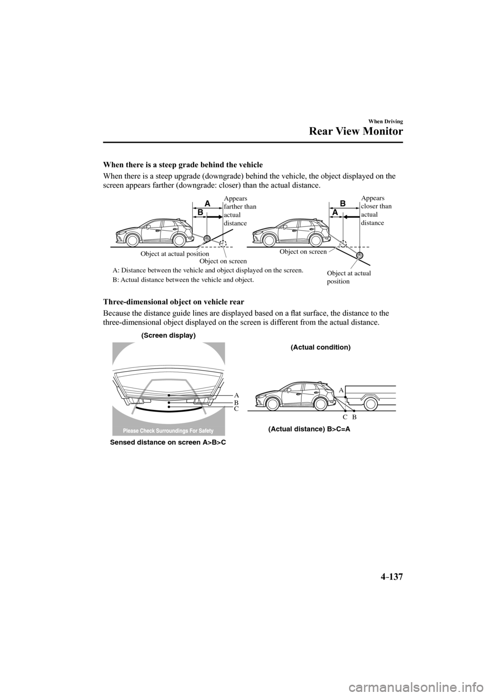 MAZDA MODEL CX-3 2017  Owners Manual (in English) 4–137
When Driving
Rear View Monitor
  When there is a steep grade behind the vehicle
    When there is a steep upgrade (downgrade) behind the vehicle, the object displayed on the 
screen appears fa