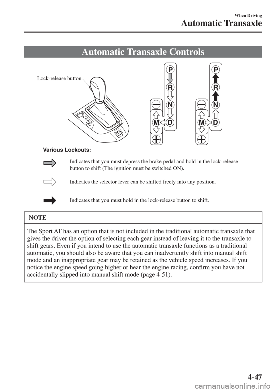 MAZDA MODEL CX-3 2017  Owners Manual - RHD (UK, Australia) (in English) 4–47
When Driving
Automatic Transaxle
              Automatic  Transaxle  Controls
           
Lock-release button
Indicates the selector lever can be shifted freely into any position.
Indicates tha