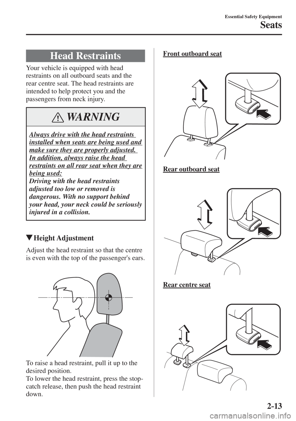 MAZDA MODEL CX-3 2017   - RHD (UK, Australia) (in English) Owners Guide 2–13
Essential Safety Equipment
Seats
 Head  Restraints
              Your  vehicle  is  equipped  with  head 
restraints on all outboard seats and the 
rear centre seat. The head restraints are 
in