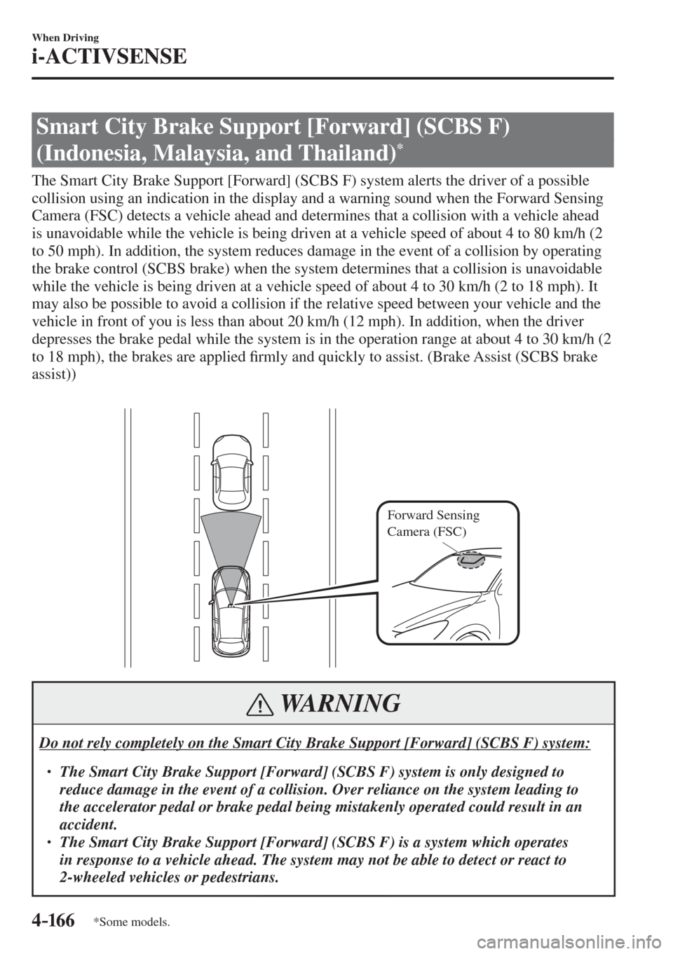 MAZDA MODEL CX-3 2017  Owners Manual - RHD (UK, Australia) (in English) 4–16 6
When Driving
i-ACTIVSENSE
*Some models.
 Smart City Brake Support [Forward] (SCBS F) 
(Indonesia, Malaysia, and Thailand) 
* 
              The  Smart  City  Brake  Support  [Forward]  (SCBS 