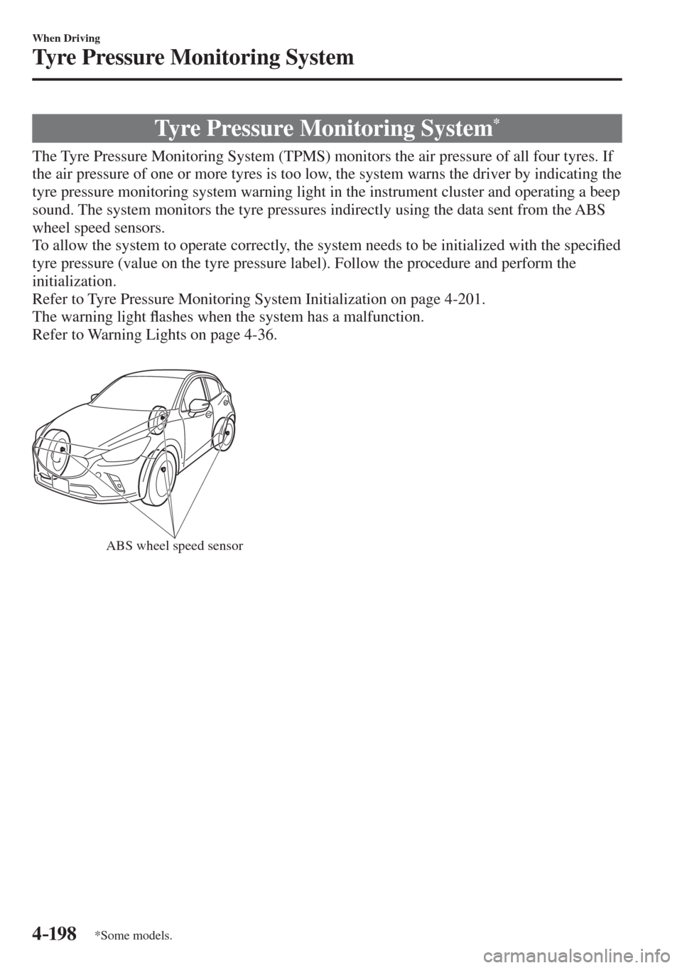 MAZDA MODEL CX-3 2017  Owners Manual - RHD (UK, Australia) (in English) 4–198
When Driving
Tyre Pressure Monitoring System
*Some models.
      Tyre  Pressure  Monitoring  System * 
            The Tyre Pressure Monitoring System (TPMS) monitors the air pressure of all f