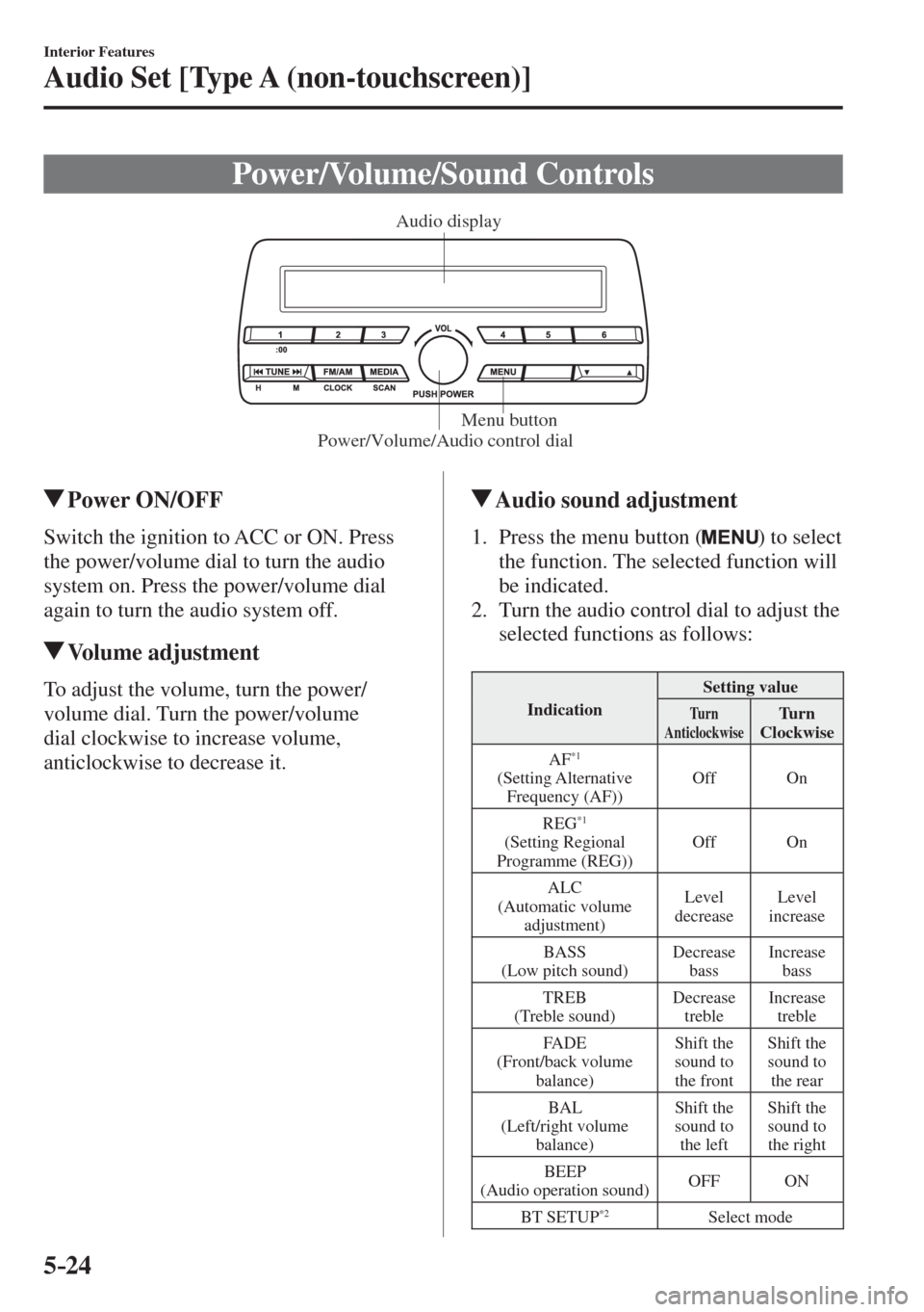 MAZDA MODEL CX-3 2017  Owners Manual - RHD (UK, Australia) (in English) 5–24
Interior Features
Audio Set [Type A (non-touchscreen)]
              Power/Volume/Sound  Controls
           Power/Volume/Audio control dialMenu button Audio display 
         Power  ON/OFF
   