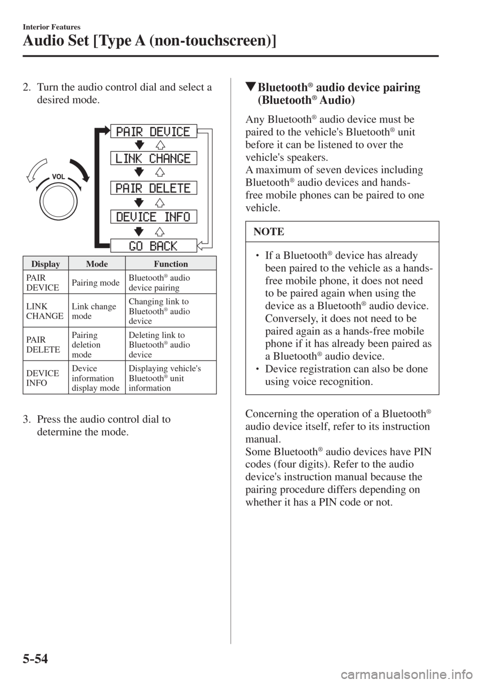 MAZDA MODEL CX-3 2017  Owners Manual - RHD (UK, Australia) (in English) 5–54
Interior Features
Audio Set [Type A (non-touchscreen)]
   2.   Turn the audio control dial and select a 
desired mode.
   
 
 
 Display   Mode   Function 
  PAIR 
DEVICE   Pairing  mode  Blueto