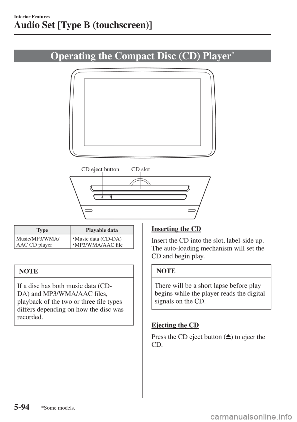 MAZDA MODEL CX-3 2017  Owners Manual - RHD (UK, Australia) (in English) 5–94
Interior Features
Audio Set [Type B (touchscreen)]
*Some models.
 Operating the Compact Disc (CD) Player * 
           
CD slot CD eject button
 
 Type   Playable  data 
 Music/MP3/WMA/
AAC CD 