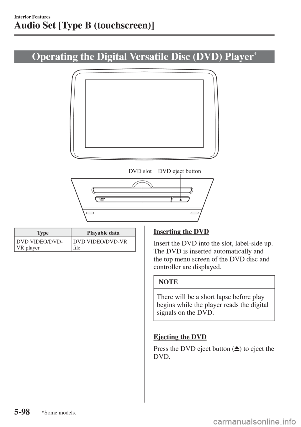 MAZDA MODEL CX-3 2017  Owners Manual - RHD (UK, Australia) (in English) 5–98
Interior Features
Audio Set [Type B (touchscreen)]
*Some models.
 Operating the Digital Versatile Disc (DVD) Player * 
           
DVD slot DVD eject button
 
 Type   Playable  data 
 DVD  VIDE