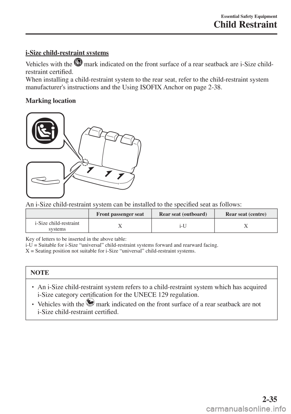 MAZDA MODEL CX-3 2017 - RHD (UK, Australia) (in English) Workshop Manual 2–35
Essential Safety Equipment
Child Restraint
i-Size child-restraint systems
Vehicles with the
mark indicated on the front surface of a rear seatback are i-Size child-
restraint cer MAZDA MODEL CX-3 2017 - RHD (UK, Australia) (in English) Workshop Manual 2–35
Essential Safety Equipment
Child Restraint
i-Size child-restraint systems
Vehicles with the
mark indicated on the front surface of a rear seatback are i-Size child-
restraint cer