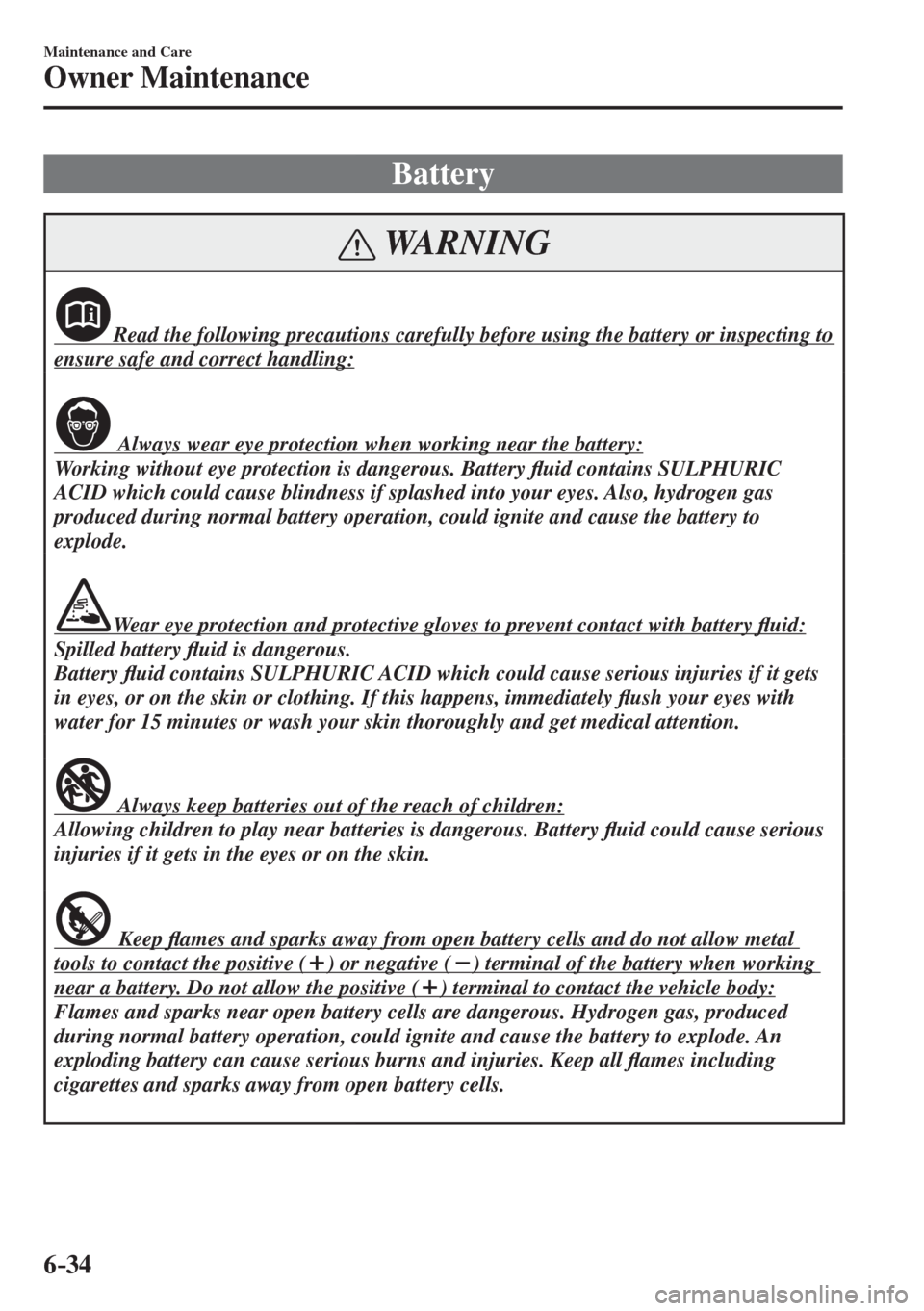 MAZDA MODEL CX-3 2017  Owners Manual - RHD (UK, Australia) (in English) 6–34
Maintenance and Care
Owner Maintenance
 Battery
 WARNING
              Read the following precautions carefully before using the battery or inspecting to 
ensure safe and correct handling: 
  

