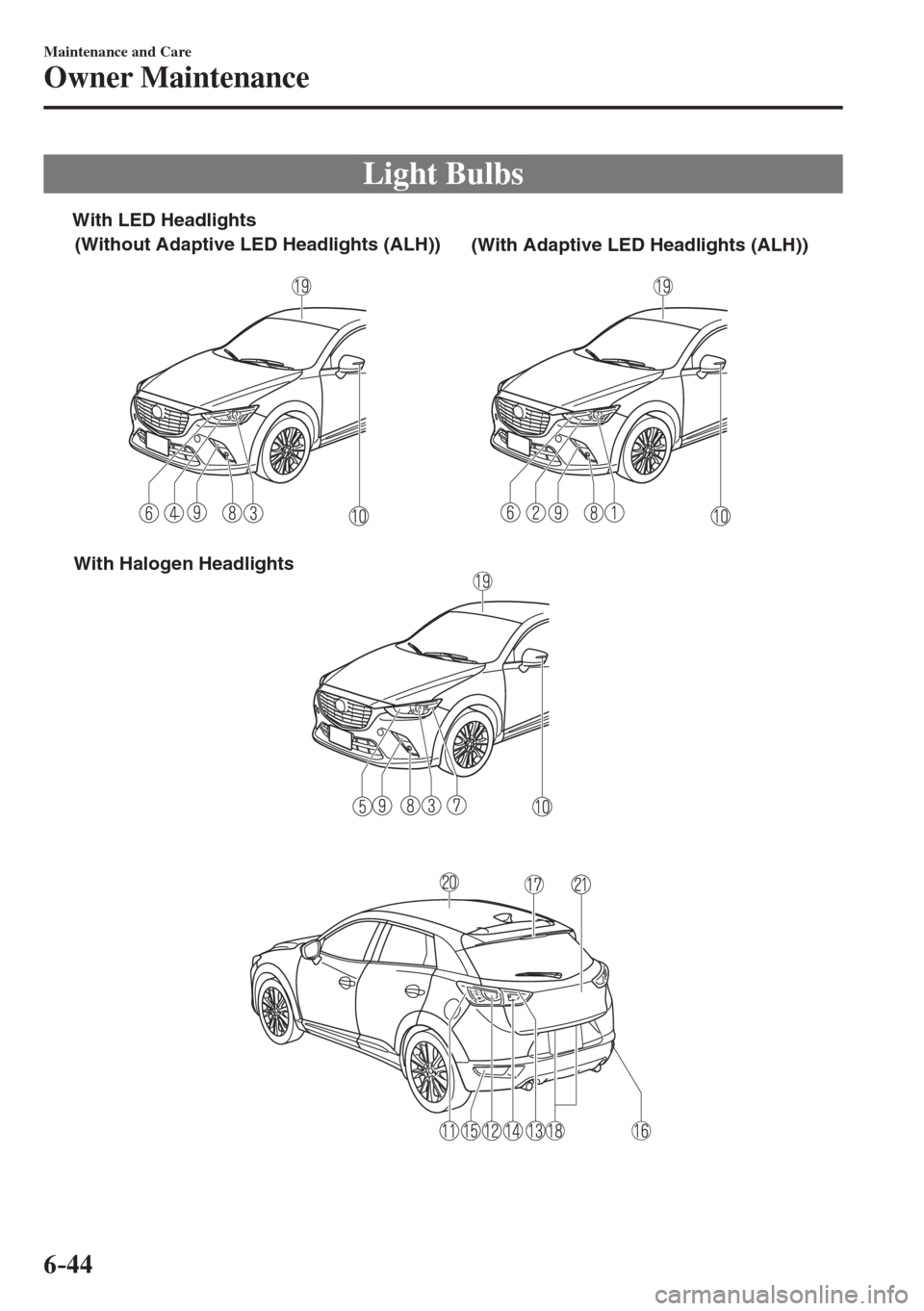 MAZDA MODEL CX-3 2017  Owners Manual - RHD (UK, Australia) (in English) 6–44
Maintenance and Care
Owner Maintenance
 Light  Bulbs
          
With Halogen Headlights
With LED Headlights
(Without Adaptive LED Headlights (ALH))
(With Adaptive LED Headlights (ALH))
     