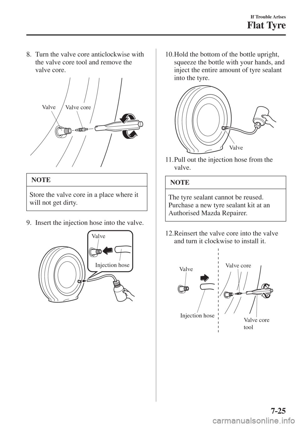 MAZDA MODEL CX-3 2017  Owners Manual - RHD (UK, Australia) (in English) 7–25
If Trouble Arises
Flat Tyre
   8.   Turn the valve core anticlockwise with 
the valve core tool and remove the 
valve core.
 
Valve
Valve core
 
 NOTE
 Store the valve core in a place where it 