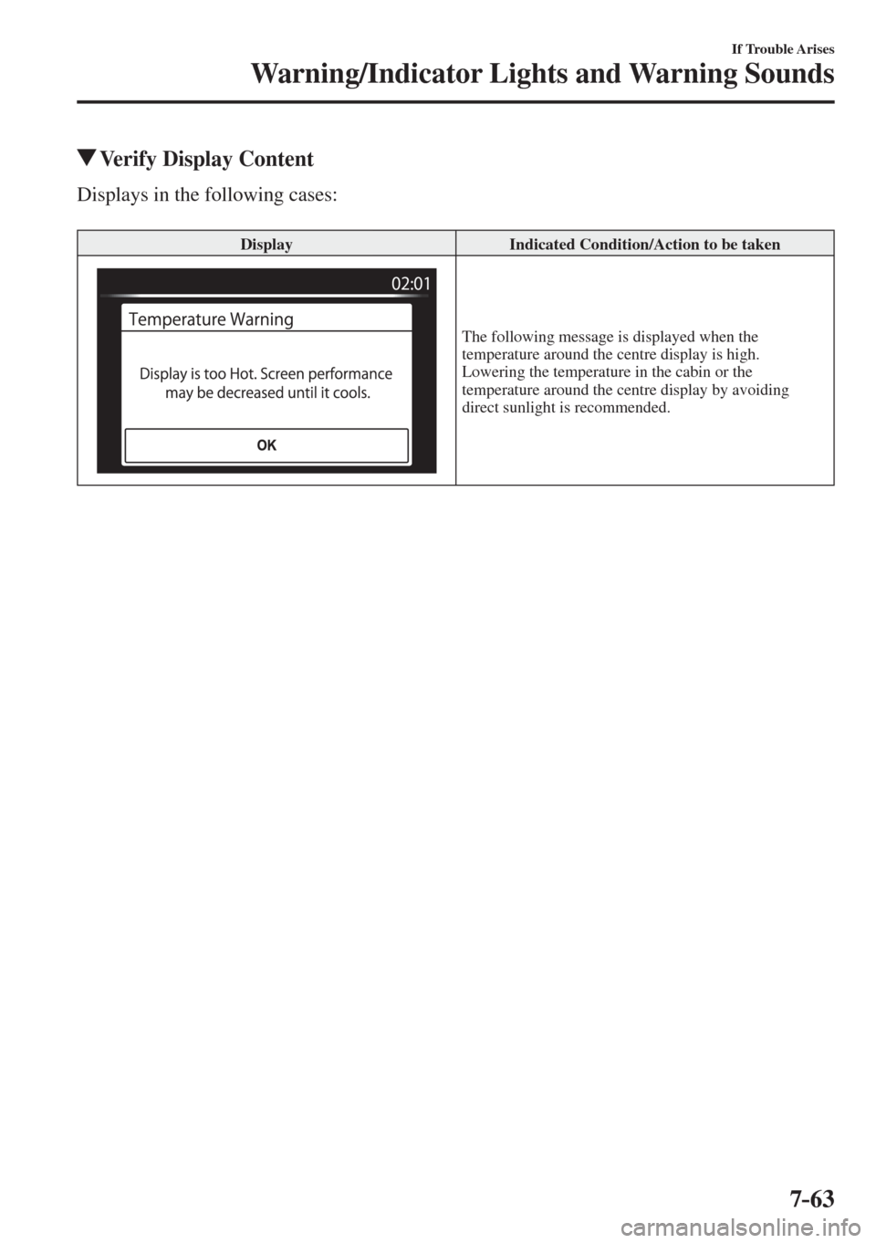 MAZDA MODEL CX-3 2017  Owners Manual - RHD (UK, Australia) (in English) 7–63
If Trouble Arises
Warning/Indicator Lights and Warning Sounds
             Verify Display Content
    Displays  in  the  following  cases:
  
 Display   Indicated Condition/Action to be taken 
