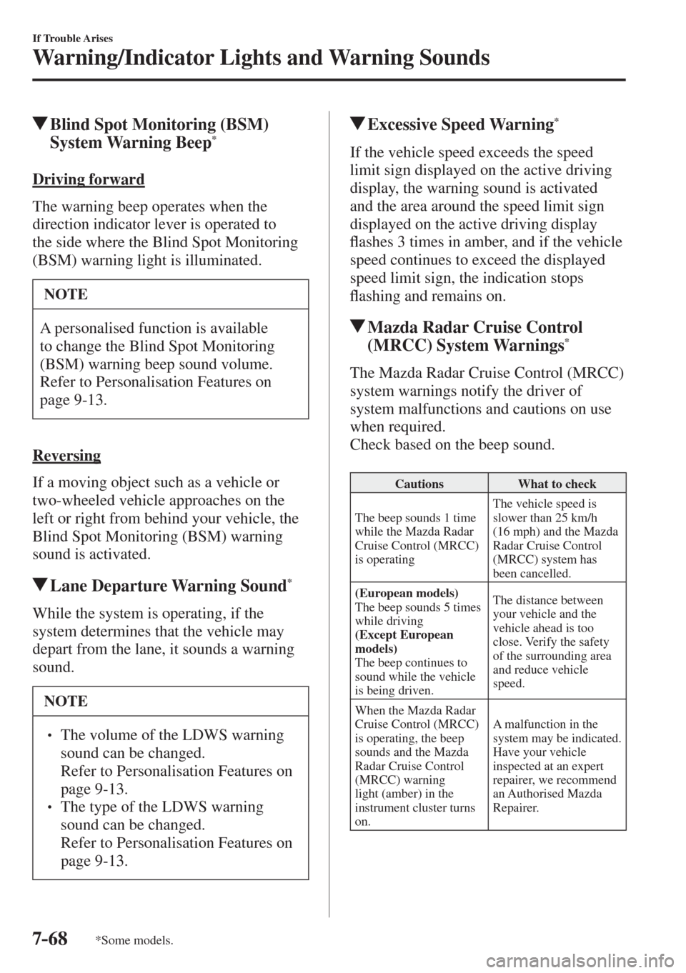 MAZDA MODEL CX-3 2017  Owners Manual - RHD (UK, Australia) (in English) 7–68
If Trouble Arises
Warning/Indicator Lights and Warning Sounds
*Some models.
          Blind Spot Monitoring (BSM) 
System Warning Beep * 
              D r i v i n g   f o r w a r d
    The war