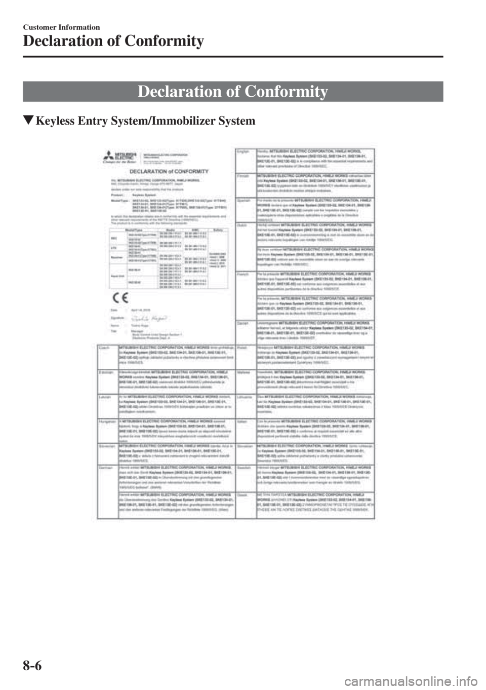 MAZDA MODEL CX-3 2017  Owners Manual - RHD (UK, Australia) (in English) 8–6
Customer Information
Declaration of Conformity
      Declaration  of  Conformity
       Keyless Entry System/Immobilizer System
     