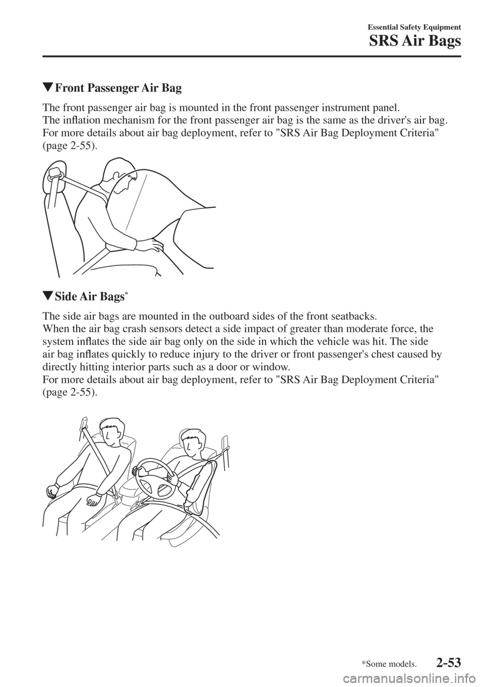 MAZDA MODEL CX-3 2017   - RHD (UK, Australia) (in English) Repair Manual 2–53
Essential Safety Equipment
SRS Air  Bags
*Some models.
          Front Passenger Air Bag
    The front passenger air bag is mounted in the front passenger instrument panel.
  The  in�À ation m