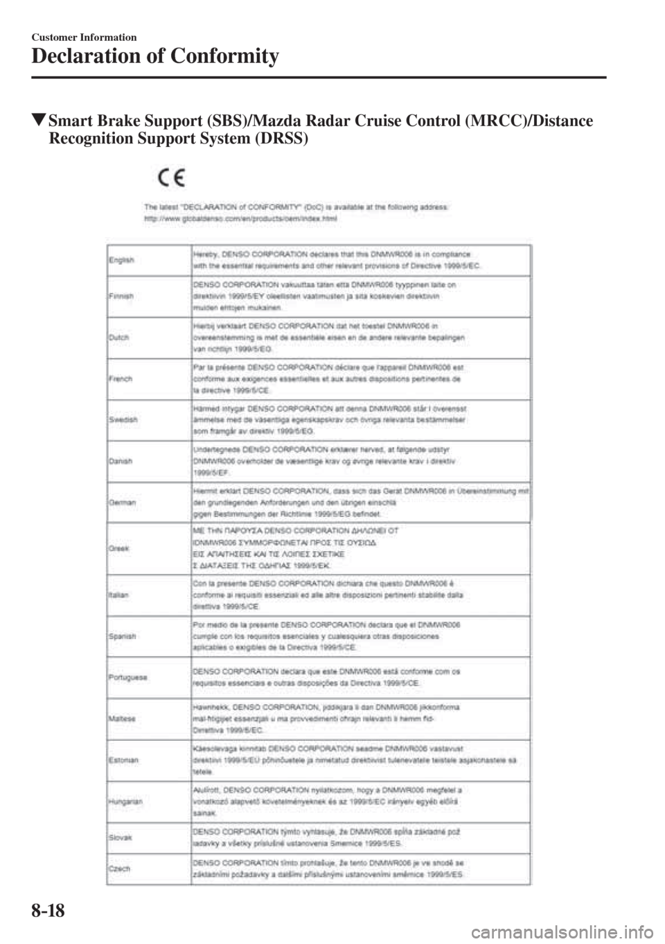 MAZDA MODEL CX-3 2017 Owners Manual - RHD (UK, Australia) (in English) 8–18
Customer Information
Declaration of Conformity
Smart Brake Support (SBS)/Mazda Radar Cruise Control (MRCC)/Distance
Recognition Support System (DRSS)
MAZDA MODEL CX-3 2017 Owners Manual - RHD (UK, Australia) (in English) 8–18
Customer Information
Declaration of Conformity
Smart Brake Support (SBS)/Mazda Radar Cruise Control (MRCC)/Distance
Recognition Support System (DRSS)