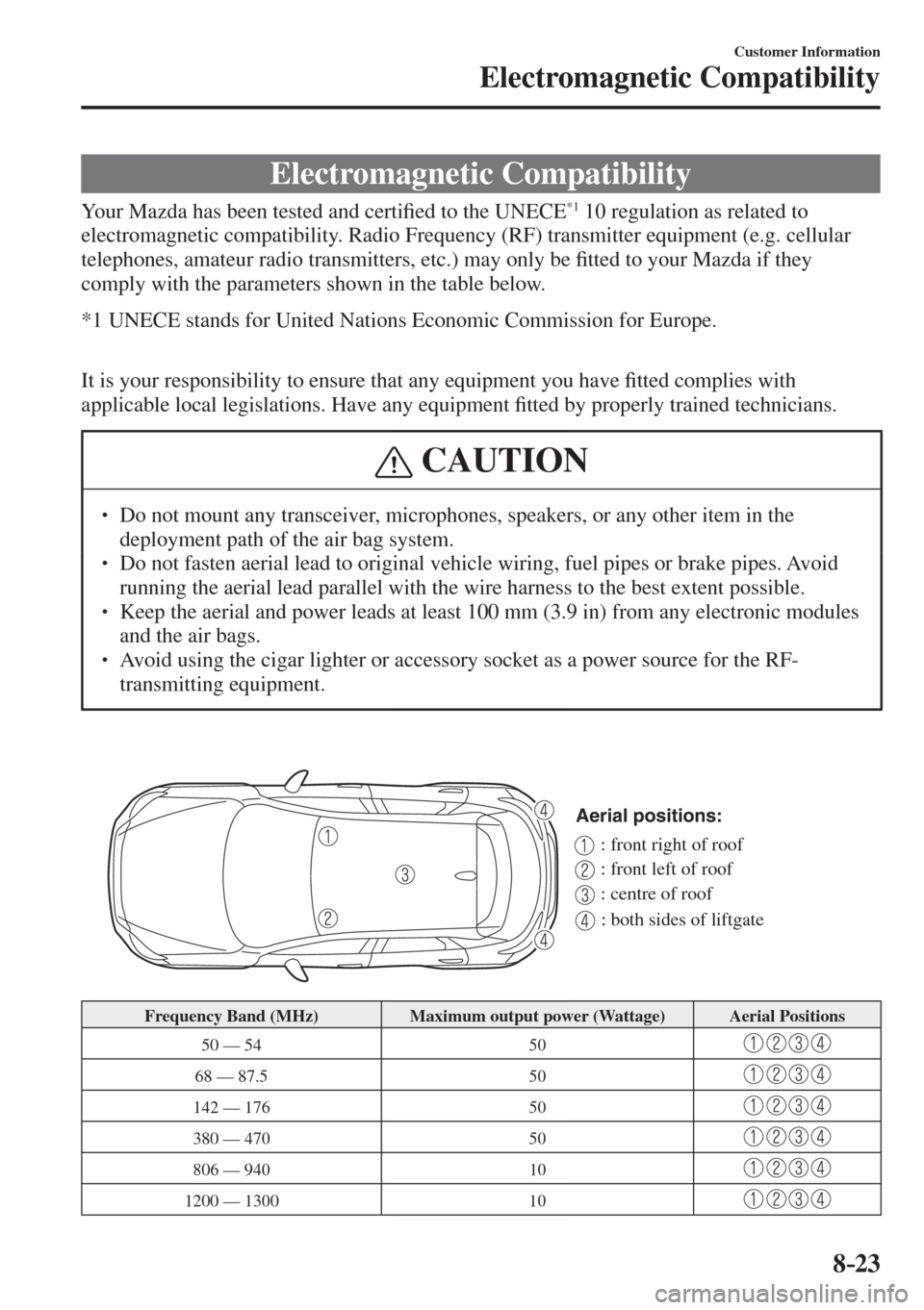 MAZDA MODEL CX-3 2017  Owners Manual - RHD (UK, Australia) (in English) 8–23
Customer Information
Electromagnetic Compatibility
      Electromagnetic  Compatibility
    Your Mazda has been tested and certi�¿ ed to the  UNECE  *1  10 regulation as related to 
electromag