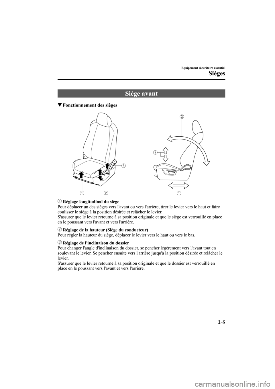MAZDA MODEL CX-3 2017  Manuel du propriétaire (in French) 2–5
Equipement sécuritaire essentiel
Sièges
 Siège  avant
                 Fonctionnement des sièges
    
   
   Réglage longitudinal du siège 
  Pour déplacer un des sièges vers lavant ou 