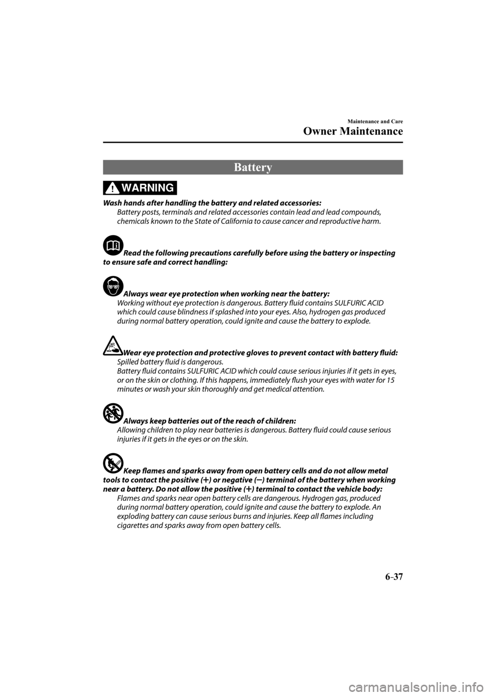MAZDA MODEL CX-3 2016  Owners Manual (in English) 6–37
Maintenance and Care
Owner Maintenance
 Battery
WARNING
  Wash hands after handling the battery and related accessories:
  Battery posts, terminals and related accessories contain lead and lead