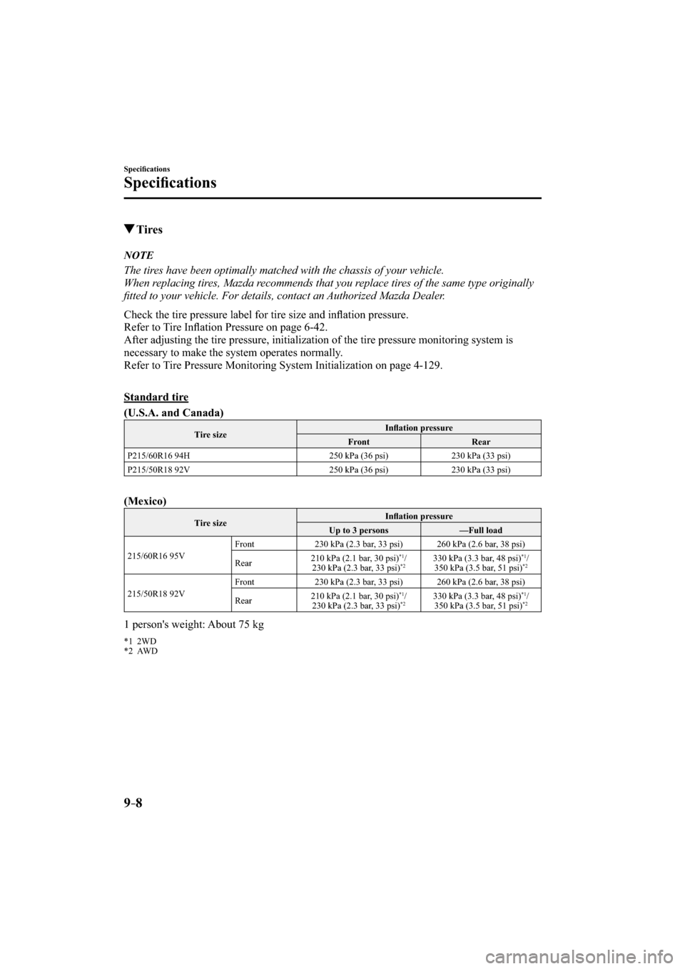 MAZDA MODEL CX-3 2016  Owners Manual (in English) 
9–8
Speciﬁ cations
Speciﬁ cations
 Tires
             NOTE
  The tires have been optimally matched with the chassis of your vehicle.
  When replacing tires, Mazda recommends that you replace ti