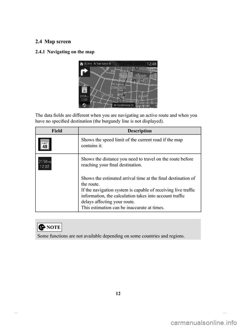 MAZDA MODEL CX-3 2016 Navigation Manual (in English) 12
2.4 Map screen
2.4.1 Navigating on the map
The data fields are different when you are navigating an active route and when you
have no specified destination (the burgundy line is not displayed) MAZDA MODEL CX-3 2016 Navigation Manual (in English) 12
2.4 Map screen
2.4.1 Navigating on the map
The data fields are different when you are navigating an active route and when you
have no specified destination (the burgundy line is not displayed)