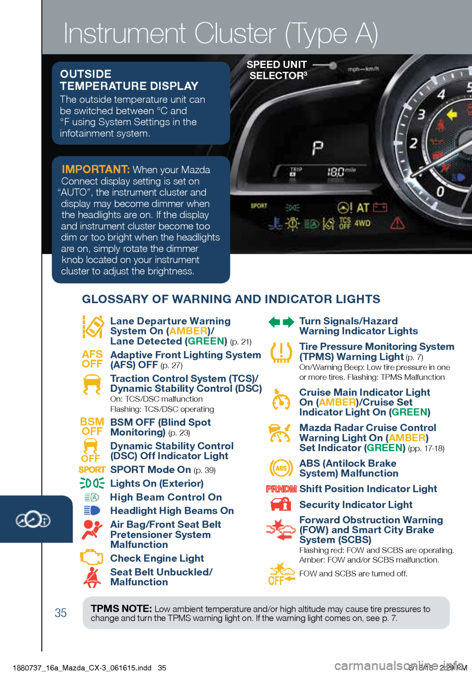 MAZDA MODEL CX-3 2016  Smart Start Guide (in English) 35
Instrument Cluster (Type A)
SPEED UNIT SELECTOR3
   Lane Departure Warning 
System On (
AMBER)/ 
Lane Detected ( GREEN) ( p. 21)
AFS
OFF
    Adaptive Front Lighting System 
(AFS) OFF (p. 27)
 
  Tr