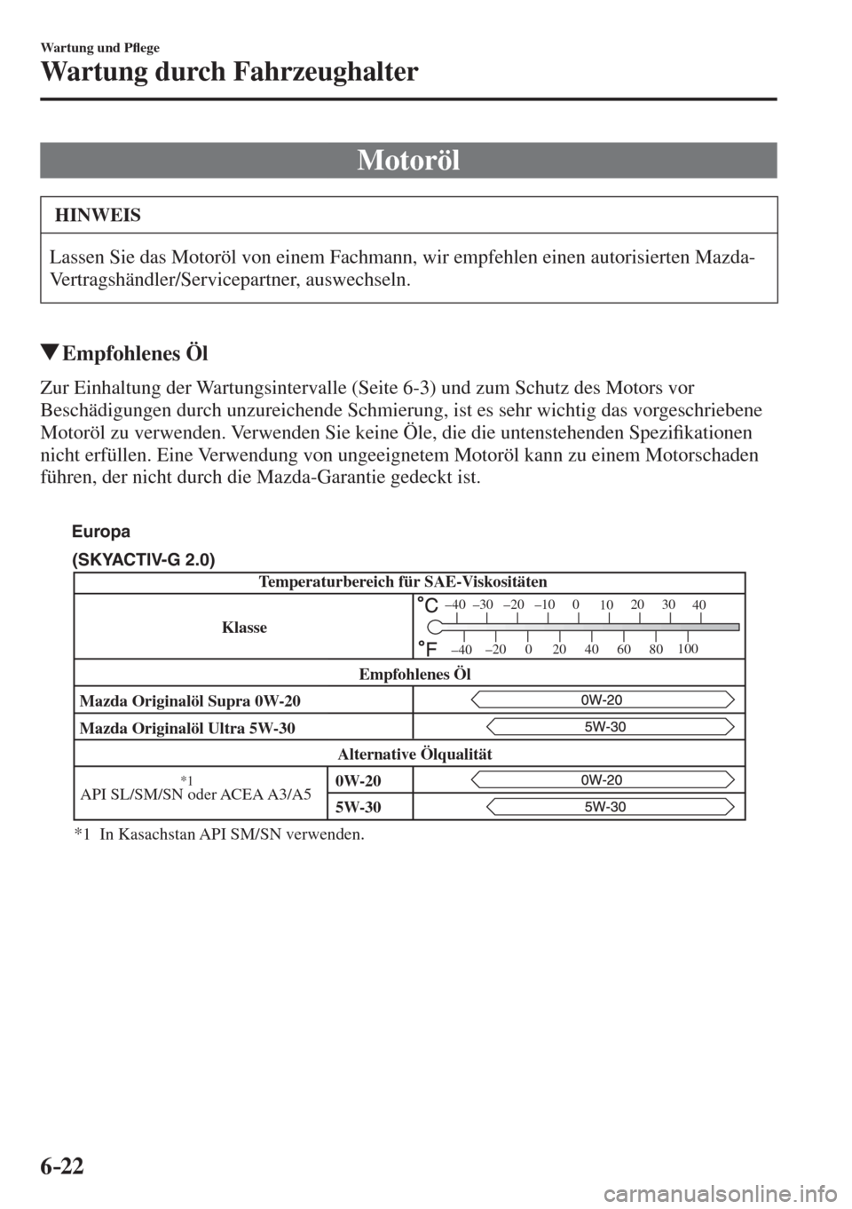 MAZDA MODEL CX-3 2016  Betriebsanleitung (in German) 6–22
Wartung und P�À ege
Wartung durch Fahrzeughalter
 Motoröl
 HINWEIS
 Lassen Sie das Motoröl von einem Fachmann, wir empfehlen einen autorisierten Mazda-
Vertragshändler/Servicepartner, auswe
