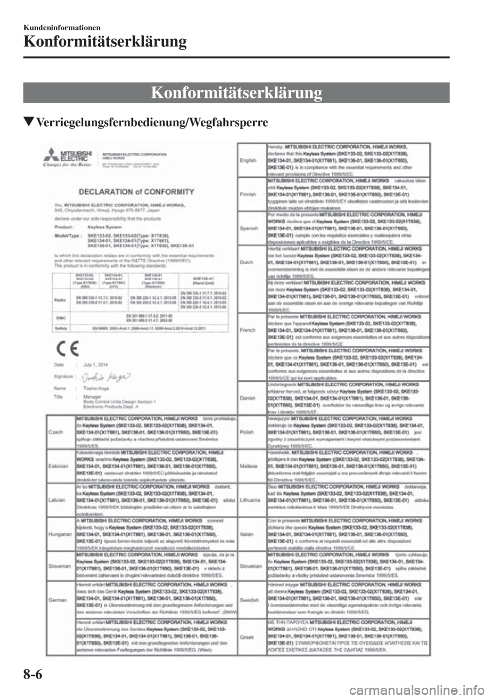 MAZDA MODEL CX-3 2016  Betriebsanleitung (in German) 8–6
Kundeninformationen
Konformitätserklärung
      Konformitätserklärung
       Verriegelungsfernbedienung/Wegfahrsperre
    
��������������������� 