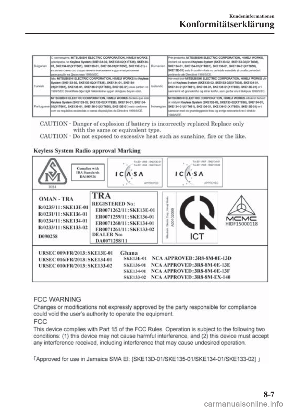 MAZDA MODEL CX-3 2016  Betriebsanleitung (in German) 8–7
Kundeninformationen
Konformitätserklärung
  
��������������������� 