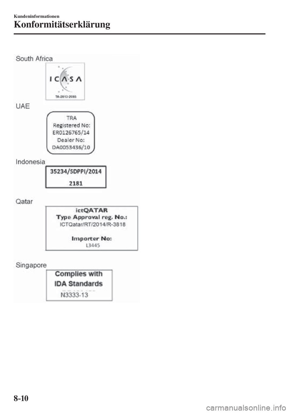 MAZDA MODEL CX-3 2016  Betriebsanleitung (in German) 8–10
Kundeninformationen
Konformitätserklärung
  
��������������������� 