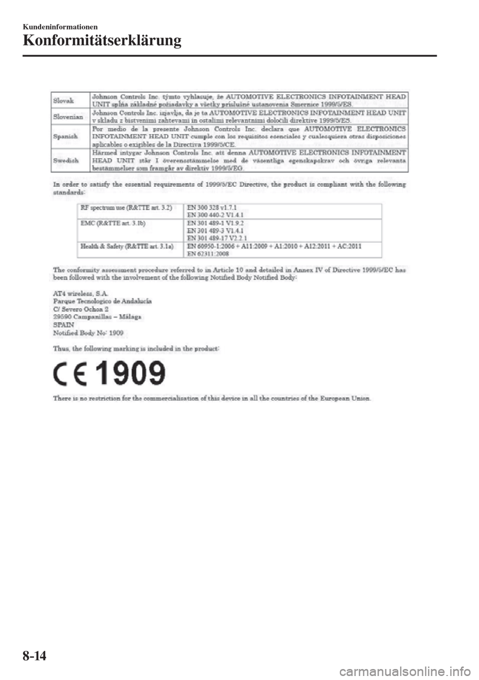 MAZDA MODEL CX-3 2016  Betriebsanleitung (in German) 8–14
Kundeninformationen
Konformitätserklärung
  
��������������������� 