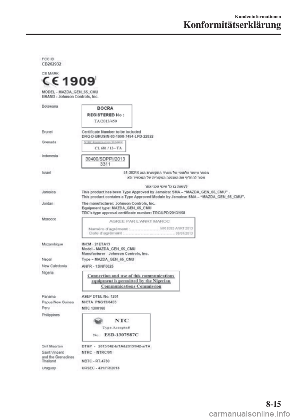 MAZDA MODEL CX-3 2016  Betriebsanleitung (in German) 8–15
Kundeninformationen
Konformitätserklärung
  
��������������������� 