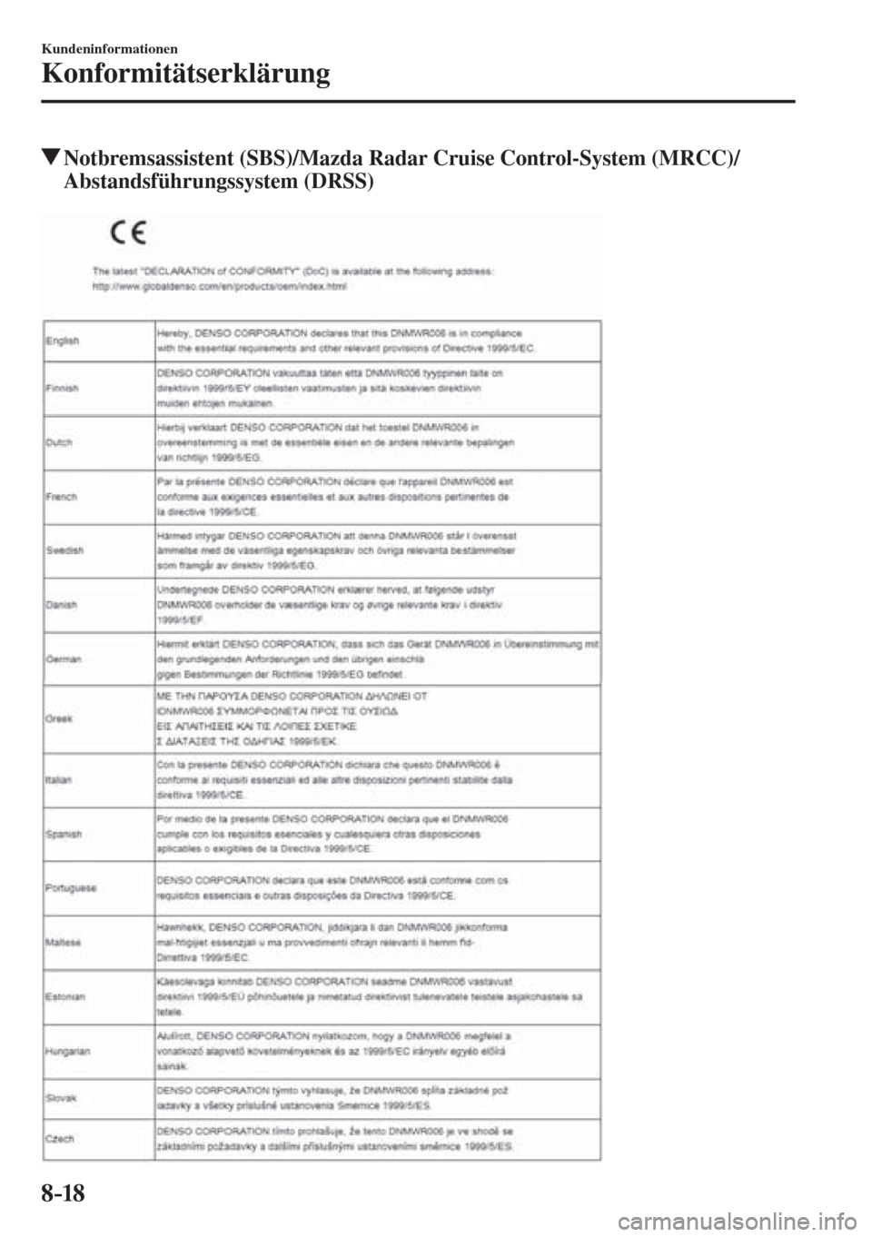 MAZDA MODEL CX-3 2016  Betriebsanleitung (in German) 8–18
Kundeninformationen
Konformitätserklärung
          Notbremsassistent (SBS)/Mazda Radar Cruise Control-System (MRCC)/
Abstandsführungssystem (DRSS)
    
�������������������