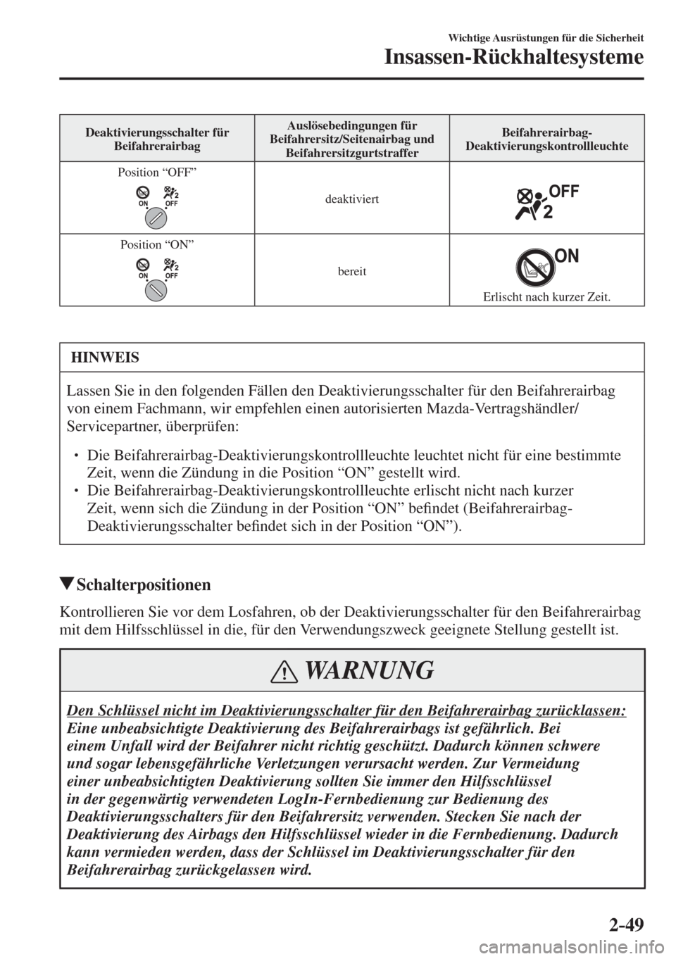 MAZDA MODEL CX-3 2016  Betriebsanleitung (in German) 2–49
Wichtige Ausrüstungen für die Sicherheit
Insassen-Rückhaltesysteme
 Deaktivierungsschalter  für 
Beifahrerairbag  Auslösebedingungen  für 
Beifahrersitz/Seitenairbag und 
Beifahrersitzgur